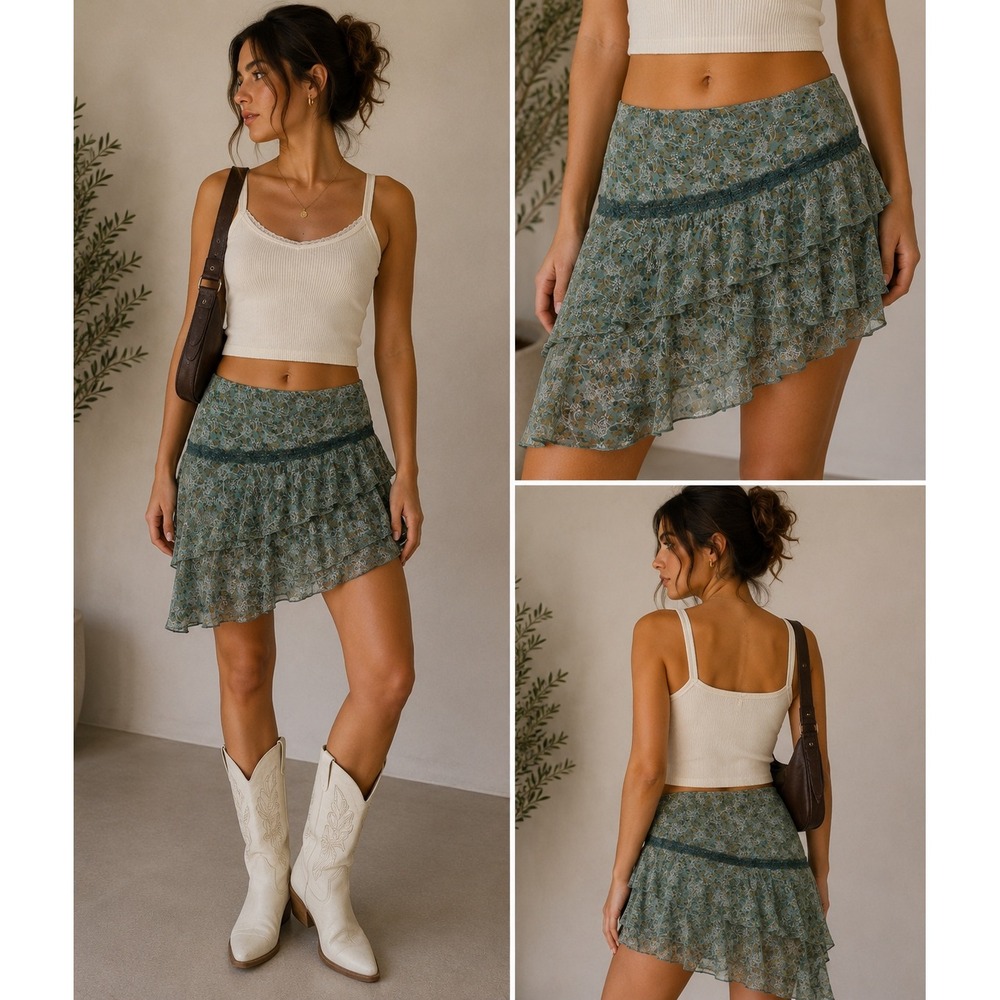 H&M Teal Floral Tiered Ruffle Mini Skirt Lace Trim Asymmetrical Size 38